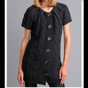 VINCE Cable Knit Short Sleeve Sculpted Car Coat Charcoal Grey Alpaca Ble…